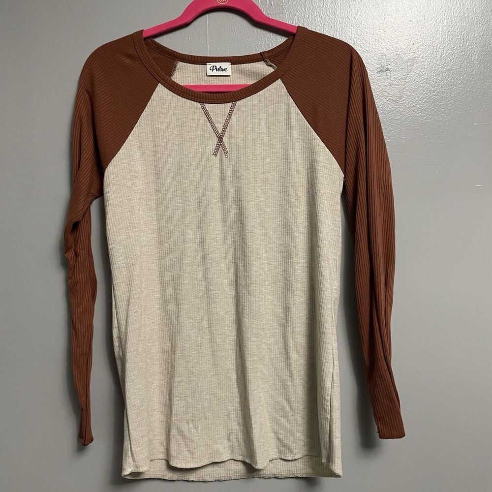 Pulse Brown Beige Colorblock Knit Crew Neck Raglan Long Sleeve Women's T-Shirt S